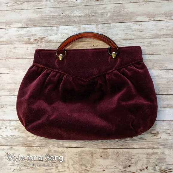 Vintage Burgundy Velvet Tortoise Handle Handbag - Picture 3 of 12